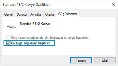 Güç Yönetimi sekmesinde bu aygıtın bilgisayarı uyku modundan çıkarmasına izin ver seçimi