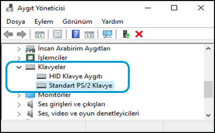 Aygıt Yöneticisi penceresinde klavye seçimi